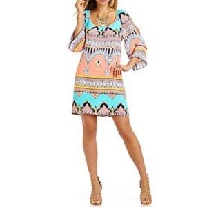 Gibson Latimer Moroccan 3/4 peep hole sleeves size L colorful dress